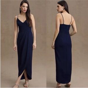 Anthropologie BHLDN Lyra V-Neck Faux Wrap Crepe Maxi Dress Formal Event Navy 18